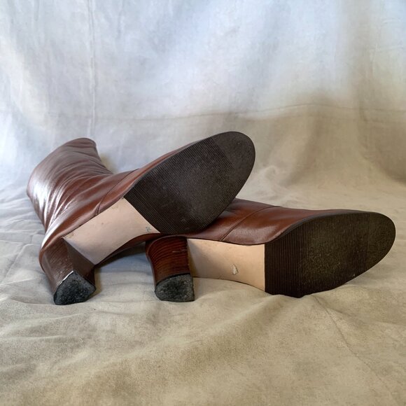 VINTAGE 1970s Sophisticates Brown Heeled Knee High Boots Women's Size 7 Pull On - Picture 7 of 10